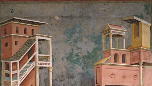 Giotto, Assigné par son père devant l'évêque, saint François se dépouille de tout et renonce aux possessions terrestres (détail)