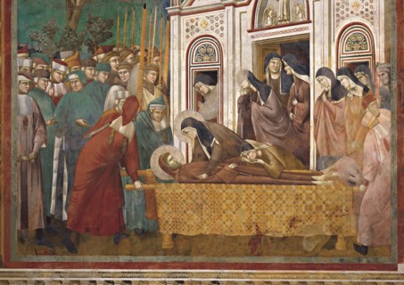 Giotto, Le cortège funéraire s’arrête devant l’église San Damiano et sainte Claire se lamente sur le corps de saint François (détail)