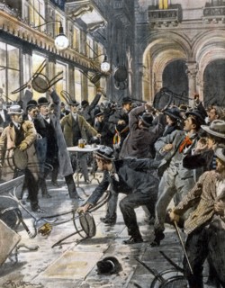 Grève générale à Milan. Assaut d'une brasserie de la Via Ugo Foscolo, énergiquement repoussé par consommateurs (1907)