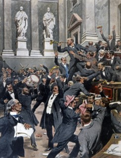 Les députés tchèques au Parlement autrichien utilisent des trompettes, des sifflets, des cloches et des bâtons pour s'opposer aux Allemands (1909)