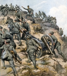 Campagne d'Italie en Afrique. Les alpinistes contraints par la rudesse des lieux à porter sur leurs épaules les canons pour la conquête de Sidi-Abdallah (1912)