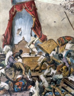 Après l'évasion du Négus Hailé Sélassié et de sa Cour, des maraudeurs mettent à sac divers quartiers d'Addis-Abeba, en particulier le palais impérial (1936)