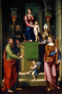 Luca Longhi, La Vierge intronisée avec l'enfant entre les saints Benoît, Paul, Apollinaire et Barbe