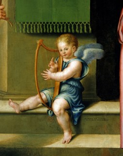 Luca Longhi, La Vierge intronisée avec l'enfant entre les saints Benoît, Paul, Apollinaire et Barbe (détail)