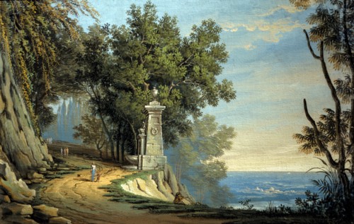 Romolo Liverani, Etude pour scénographie : paysage avec mer et fontaine antique