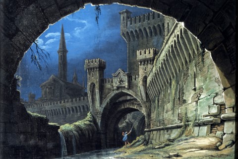 Romolo Liverani, Etude pour scénographie : château et guerrier