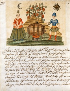 Conjonction alchimique des amoureux, soleil et lune, manuscrit alchimique "Clavis Artis" attribué à Zoroastre (Zarathoustra)
