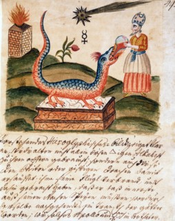 Le prêtre rend le dragon docile grâce au distillat sacré, manuscrit alchimique "Clavis Artis" attribué à Zoroastre (Zarathoustra)