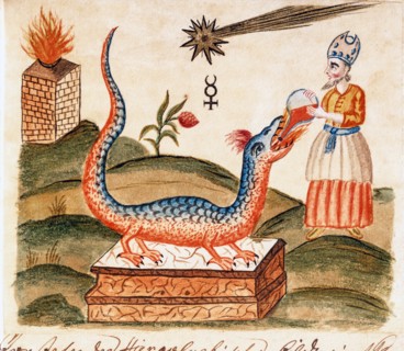 Art spagyrique : le magma noir est extrait pour séparer la pierre brute du métal pur, manuscrit alchimique "Clavis Artis" attribué à Zoroastre (Zarathoustra)