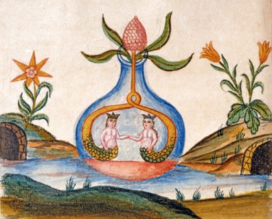 Athanor : ampoule dans laquelle l'argent rejoint l'or et l'eau se transforme en essence universelle, manuscrit alchimique "Clavis Artis" attribué à Zoroastre (Zarathoustra)