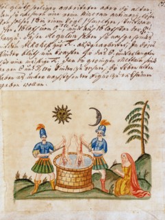 Représentation allégorique de l'Opus Alchemicum. Massacre des innocents. Le soleil préside à l'union des amoureux, manuscrit alchimique "Clavis Artis" attribué à Zoroastre (Zarathoustra)
