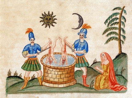 Représentation allégorique de l'Opus Alchemicum. Massacre des innocents. Le soleil préside à l'union des amoureux, manuscrit alchimique "Clavis Artis" attribué à Zoroastre (Zarathoustra)