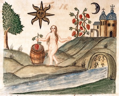 Purification du péché originel, à travers le moût divin et l'eau astrale du ruisseau, manuscrit alchimique "Clavis Artis" attribué à Zoroastre (Zarathoustra)