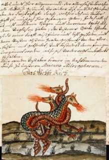 Dragon à trois têtes : le feu sacré divisé en sel, soufre et mercure, manuscrit alchimique "Clavis Artis" attribué à Zoroastre (Zarathoustra)
