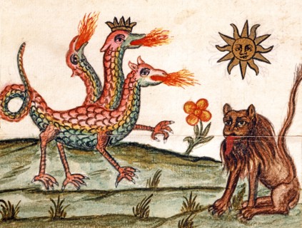 Dragon à trois têtes : le feu sacré divisé en sel, soufre et mercure, manuscrit alchimique "Clavis Artis" attribué à Zoroastre (Zarathoustra)