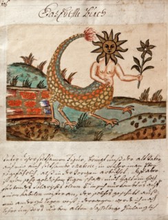 Dernière transformation alchimique : tête en forme de soleil et fleur de tournesol dans la main, symbole de la jeunesse éternelle, manuscrit alchimique "Clavis Artis" attribué à Zoroastre (Zarathoustr...