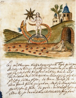 Phase de l'Opus Alchemicus : Le prêtre qui vit dans le temple extrait la matière première pour créer l'opera spagyrique, manuscrit alchimique "Clavis Artis" attribué à Zoroastre (Zarathoustra)