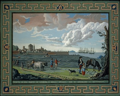 Baseggio, Vue d'une partie de Livourne et de la plage où les navires sont ancrés