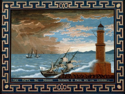 Baseggio, Caprice. Phare de Livourne avec bateaux et mer agitée