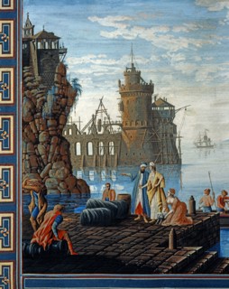 Baseggio, Paysage marin avec forteresse en construction et marchands orientaux (détail)