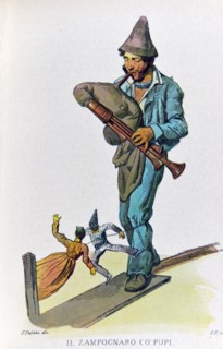 Petit métier de Naples : le joueur de cornemuse aux marionnettes