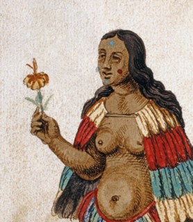 Habit en plumes de perroquet de l'épouse du chef du village de la Nouvelle Amérique