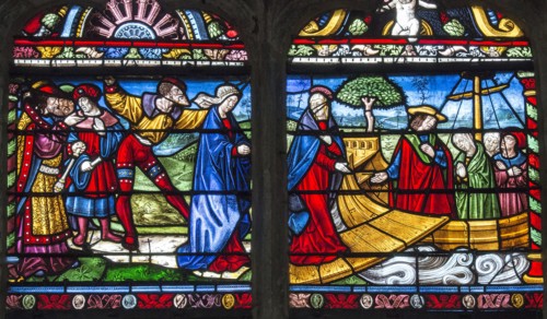 Vitrail de la Vie de sainte Madeleine : Marie-Madeleine embarque sur un bateau sans gouvernail