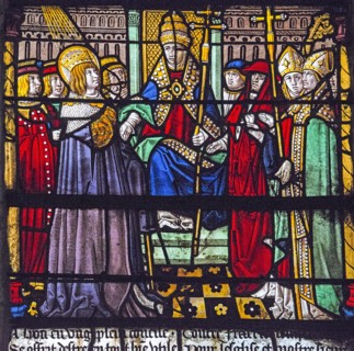 Vitrail de la Vie de saint Louis : saint Louis participe au Concile de Lyon présidé par le pape Innocent IV