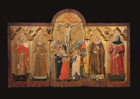 La Crucifixion avec les saints Cosme et Damien, Catherine et Barbara