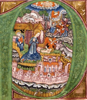 Initiale enluminée : la Nativité et l'Annonce aux bergers