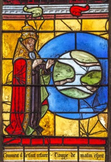 Vitrail de la Genèse : Dieu sépare la terre des eaux et ordonne à la terre de produire des arbres, des fleurs et des fruits