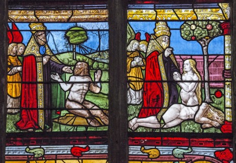Vitrail de la Genèse : Dieu crée Adam et Eve