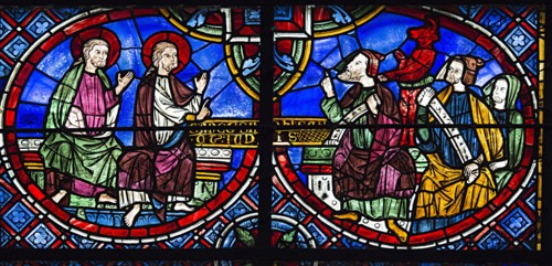 Les saints Simon et Jude face aux sorciers Zoroes et Arphatax (vitrail de Chartres)