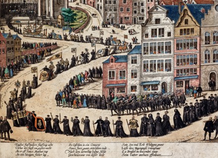 Hogenberg, Cortège funèbre à Bruxelles, pour honorer la mort de Charles V d'Espagne