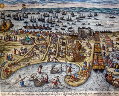 Hogenberg, L'armée espagnole conquiert la forteresse de La Goulette près de Tunis, en 1535