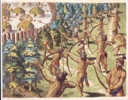 Théodore de Bry, Les indiens attaquent un village ennemi avec des flèches enflammées