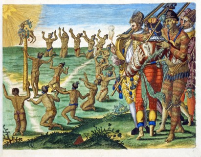 Théodore de Bry, La cérémonie annuelle d'offrande au soleil des tribus amérindiennes