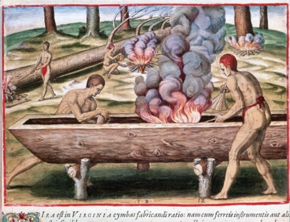 Théodore de Bry, Des Amérindiens de Virginie construisent un canot à partir d'un tronc d'arbre