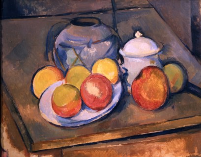 Cézanne, Vase paillé, sucrier et pommes