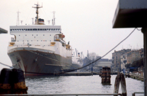 An ocean liner docked in Venice