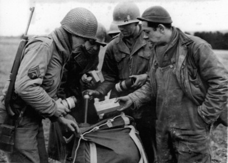 Preparing a supply bag, 1945