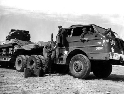 An U.S M-25 tank transporter is refueled in Bremen (Germany) July 19,1945