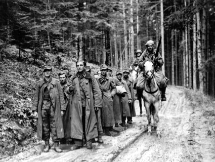 Prisonniers allemands sous la garde de la cavalerie française, dans la région de Kaysersberg, en Alsace.
(Décembre 1944)