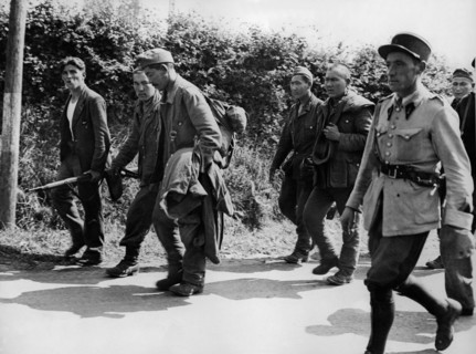 Des patriotes français encadrent des prisonniers allemands près d'Avranches.
 (Eté 1944)