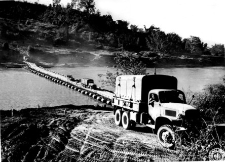 A convoy crosses the Irrawaddy river in Burma, 1945