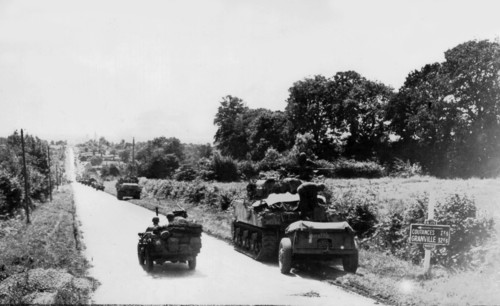 American armored troops await signal for Coutances dash, July 28, 1944