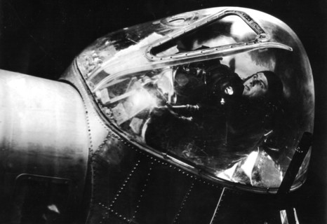 An American bombardier awaits takeoff for a mission (1945)