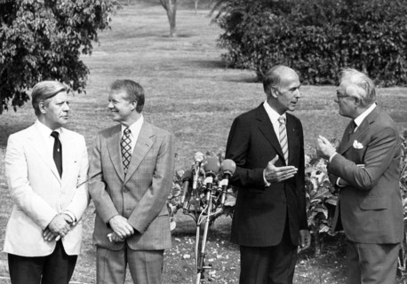 Helmut Schmidt, Jimmy Carter, Valery Giscard d'Estaing and James Callaghan during the Guadeloupe summit meeting