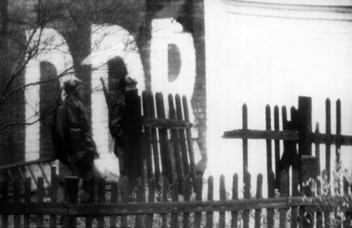 French soldiers at "GDR water tower" at train station Gesundbrunnen in Berlin