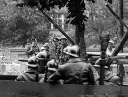 French troops at sector border in Bernauer Street in Berlin